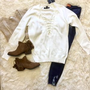White lace up sweater
